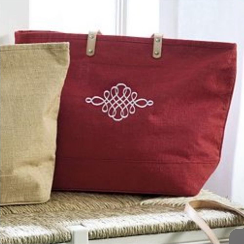 Ballard‎ Designs Red Woven Jute Embroidered Leather Strap Zip Closure Large Tote